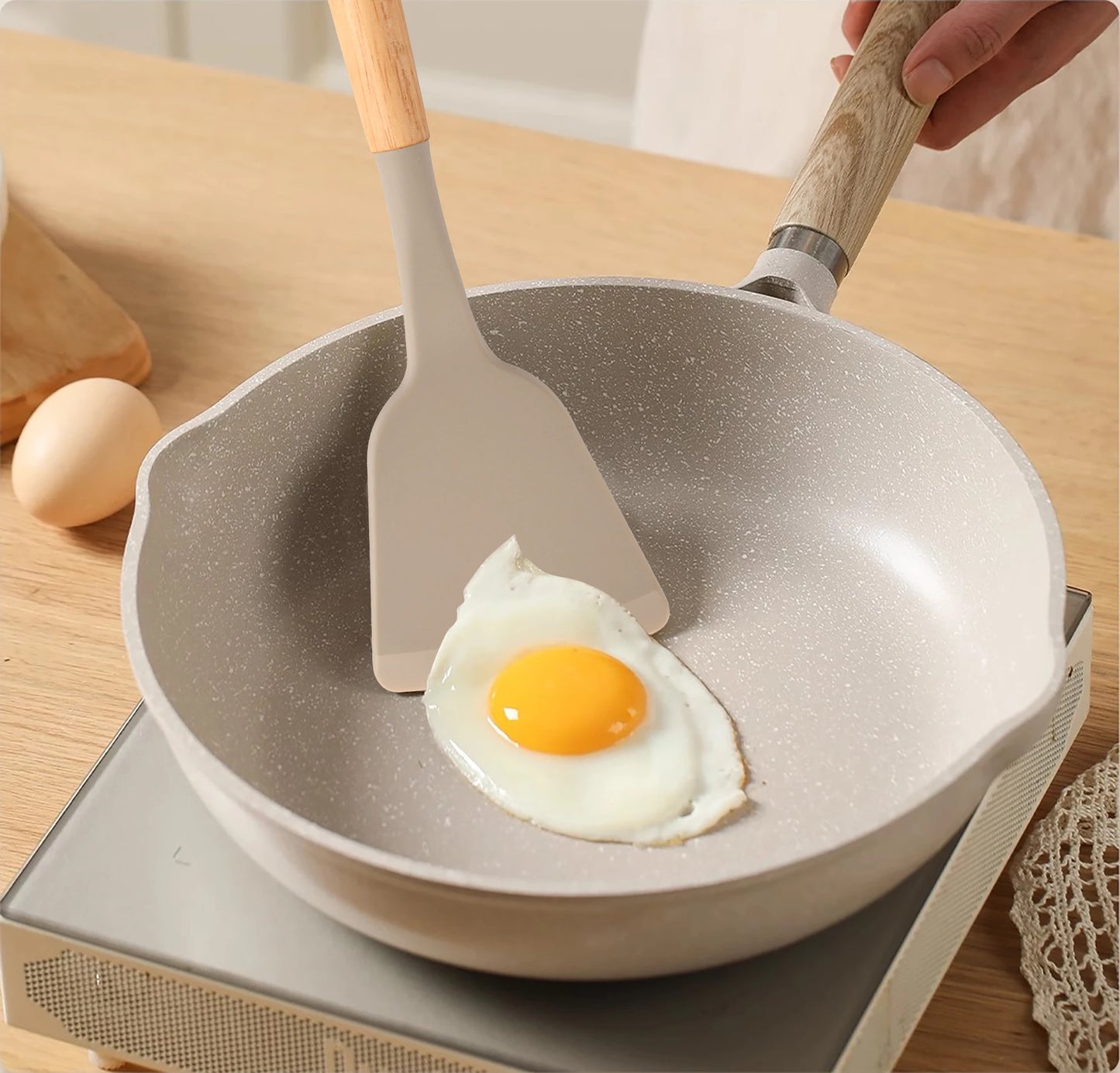 12-Piece Non-Stick Silicone Kitchen Utensil Set – Heat-Resistant, Eco-Friendly, Wooden Handles (Khaki)