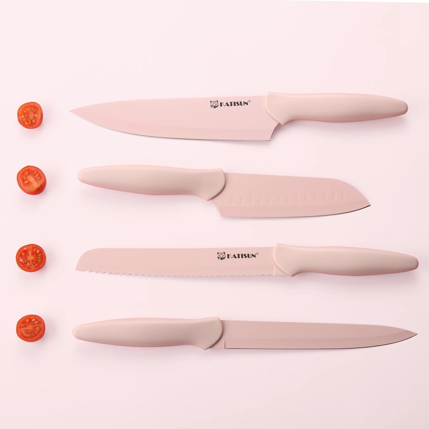 14-Piece Pink Kitchen Knife Set – High Carbon Stainless Steel Blades with Wooden Stand & Scissors