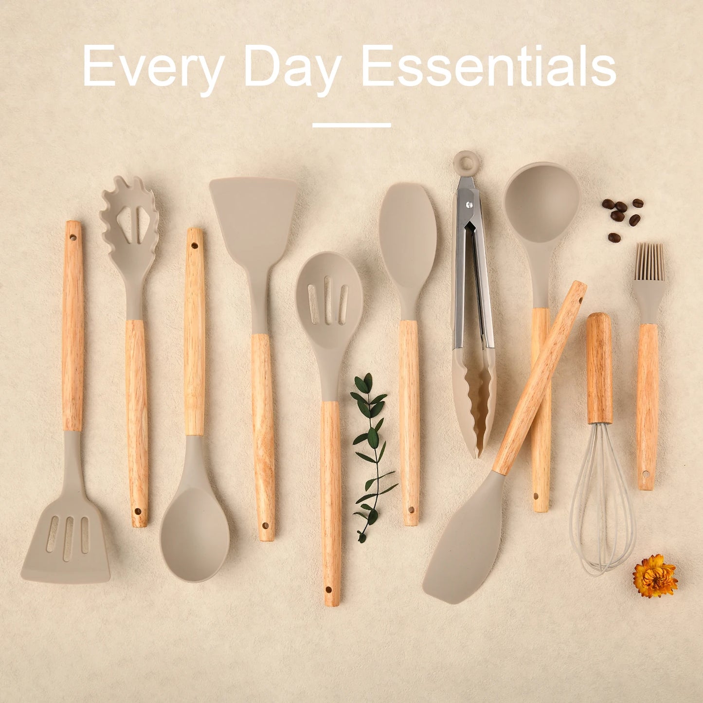 12-Piece Non-Stick Silicone Kitchen Utensil Set – Heat-Resistant, Eco-Friendly, Wooden Handles (Khaki)