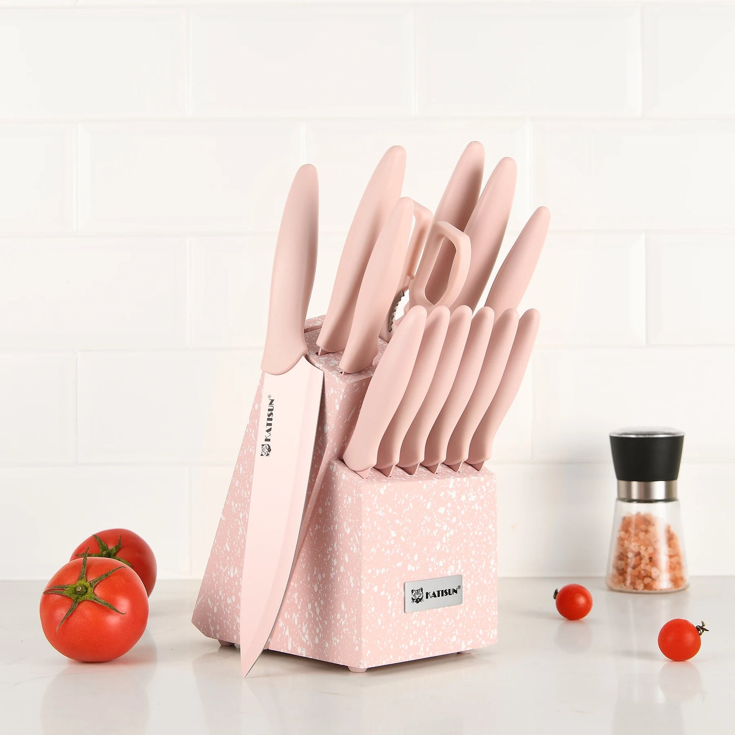 14-Piece Pink Kitchen Knife Set – High Carbon Stainless Steel Blades with Wooden Stand & Scissors