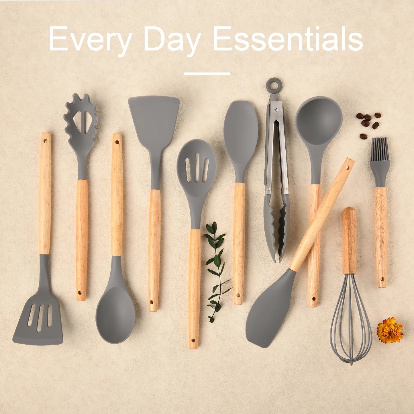 12-Piece Gray Silicone Kitchen Utensil Set – Heat-Resistant, Non-Stick Cooking Tools with Wooden Handles (Grey)