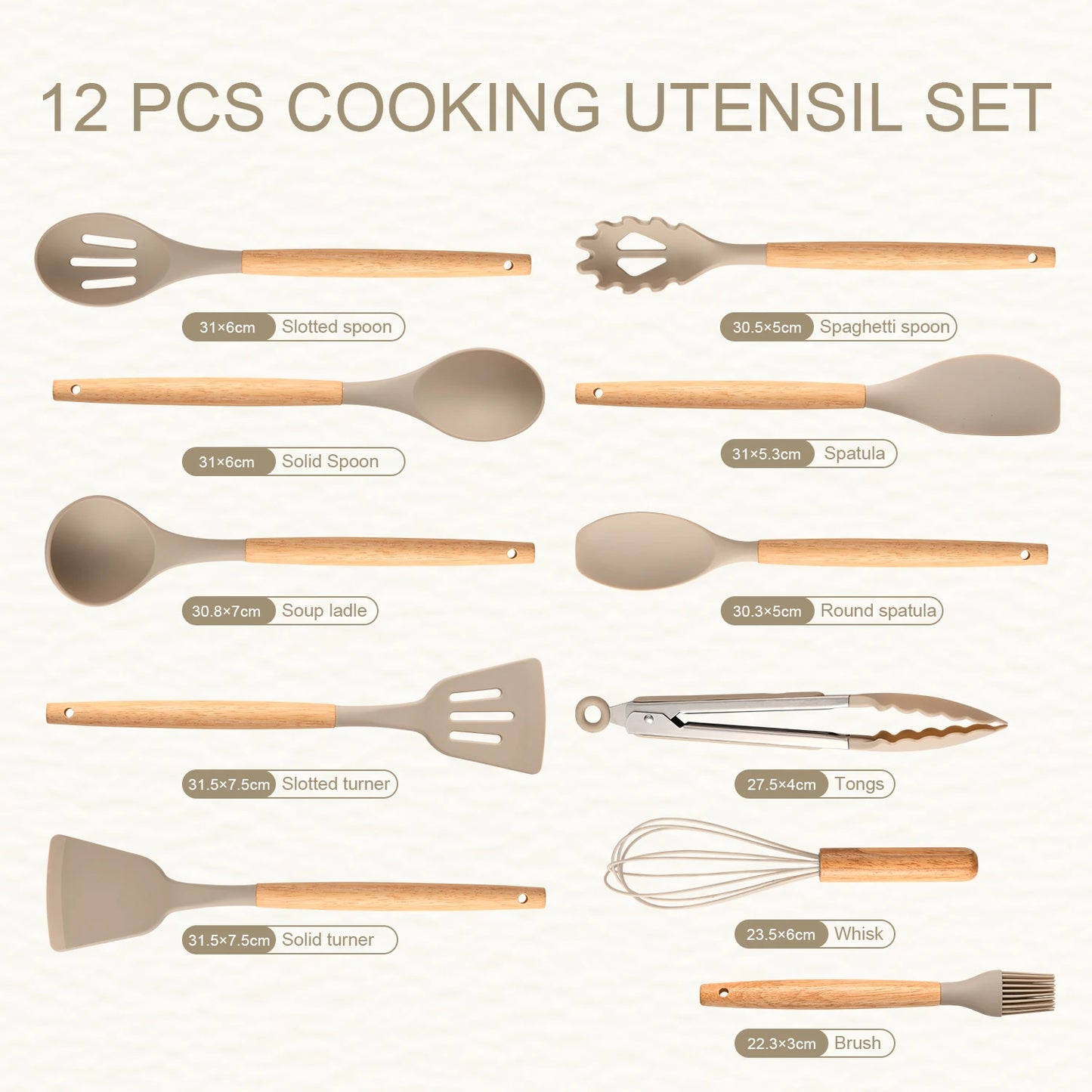 12-Piece Non-Stick Silicone Kitchen Utensil Set – Heat-Resistant, Eco-Friendly, Wooden Handles (Khaki)