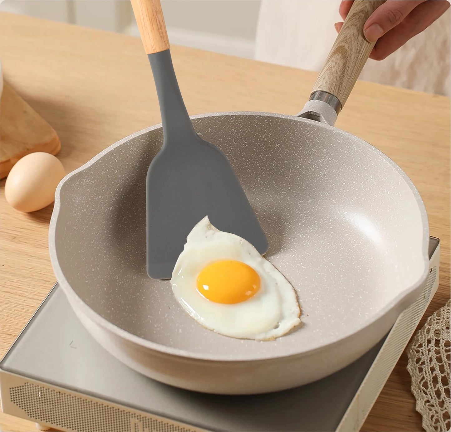 12-Piece Gray Silicone Kitchen Utensil Set – Heat-Resistant, Non-Stick Cooking Tools with Wooden Handles (Grey)