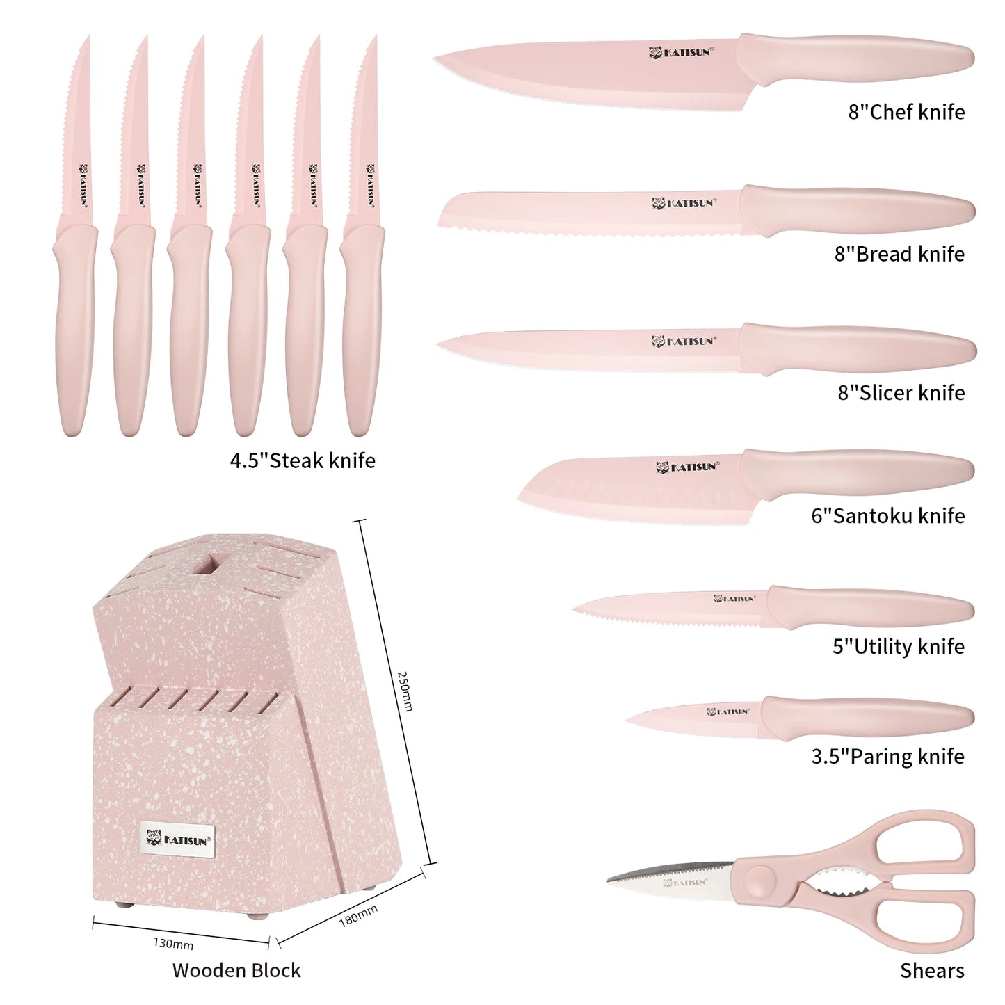 14-Piece Pink Kitchen Knife Set – High Carbon Stainless Steel Blades with Wooden Stand & Scissors