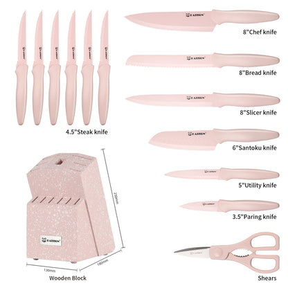 14-Piece Pink Knife Set with Wooden Block