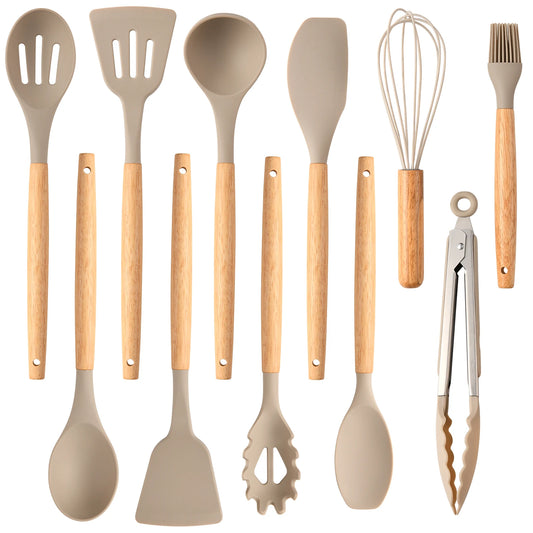 12-Piece Non-Stick Silicone Kitchen Utensil Set – Heat-Resistant, Eco-Friendly, Wooden Handles (Khaki)