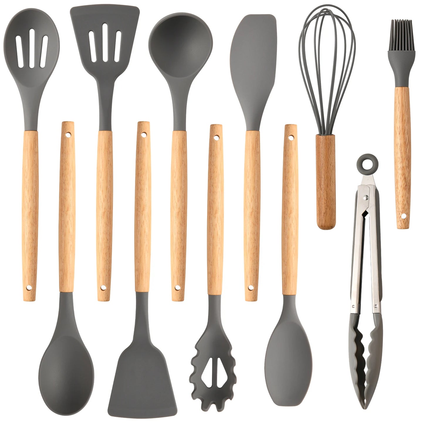 12-Piece Gray Silicone Kitchen Utensil Set – Heat-Resistant, Non-Stick Cooking Tools with Wooden Handles (Grey)