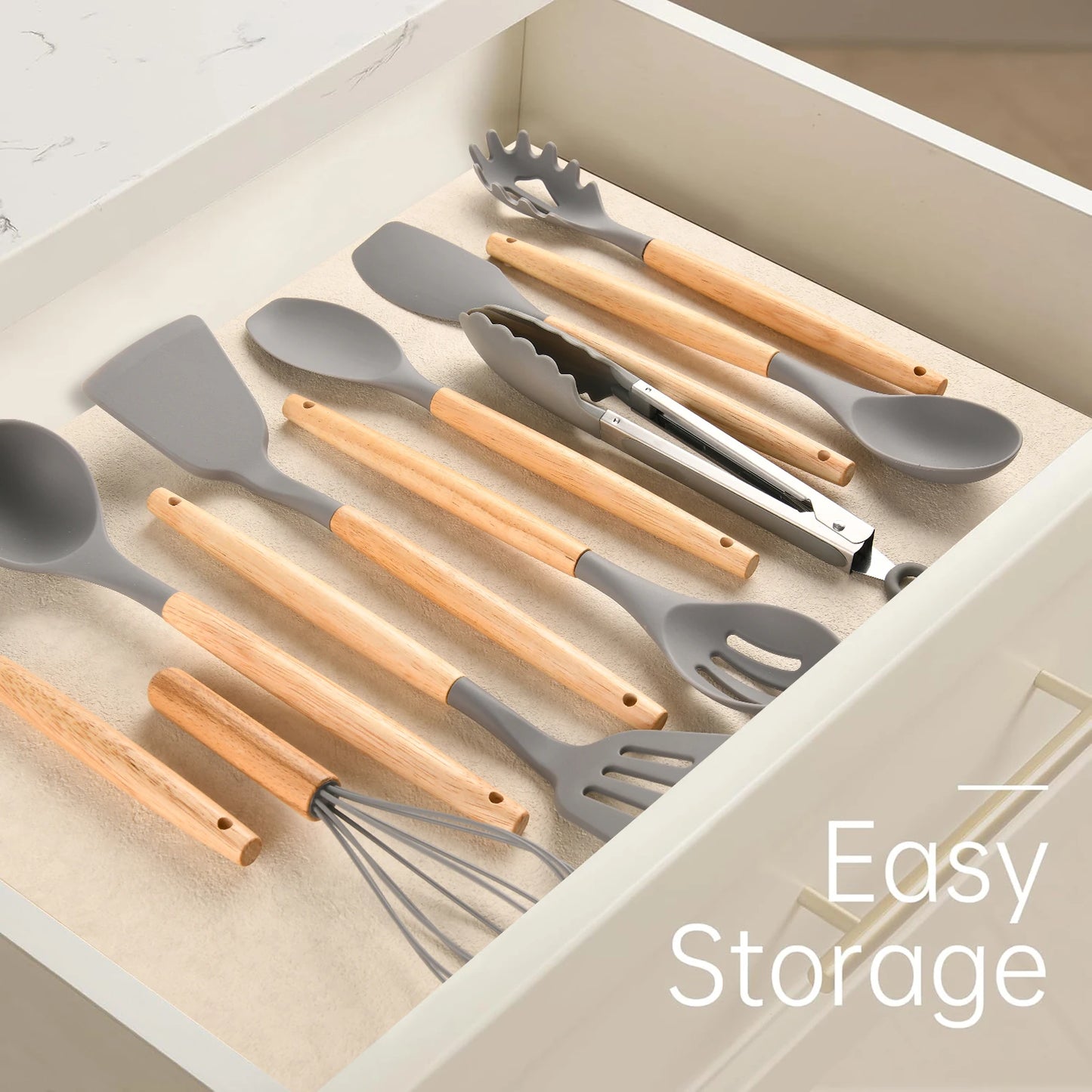 12-Piece Gray Silicone Kitchen Utensil Set – Heat-Resistant, Non-Stick Cooking Tools with Wooden Handles (Grey)