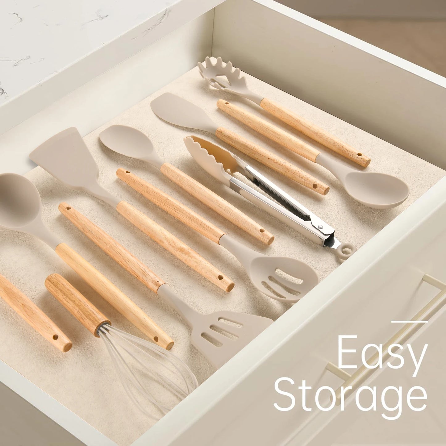 12-Piece Non-Stick Silicone Kitchen Utensil Set – Heat-Resistant, Eco-Friendly, Wooden Handles (Khaki)