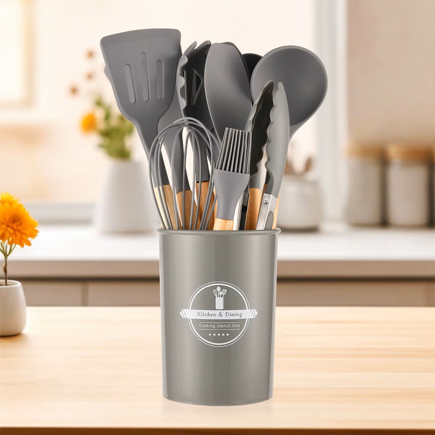 12-Piece Non-Stick Silicone Kitchen Utensil Set – Heat-Resistant, Eco-Friendly, Wooden Handles (Khaki)