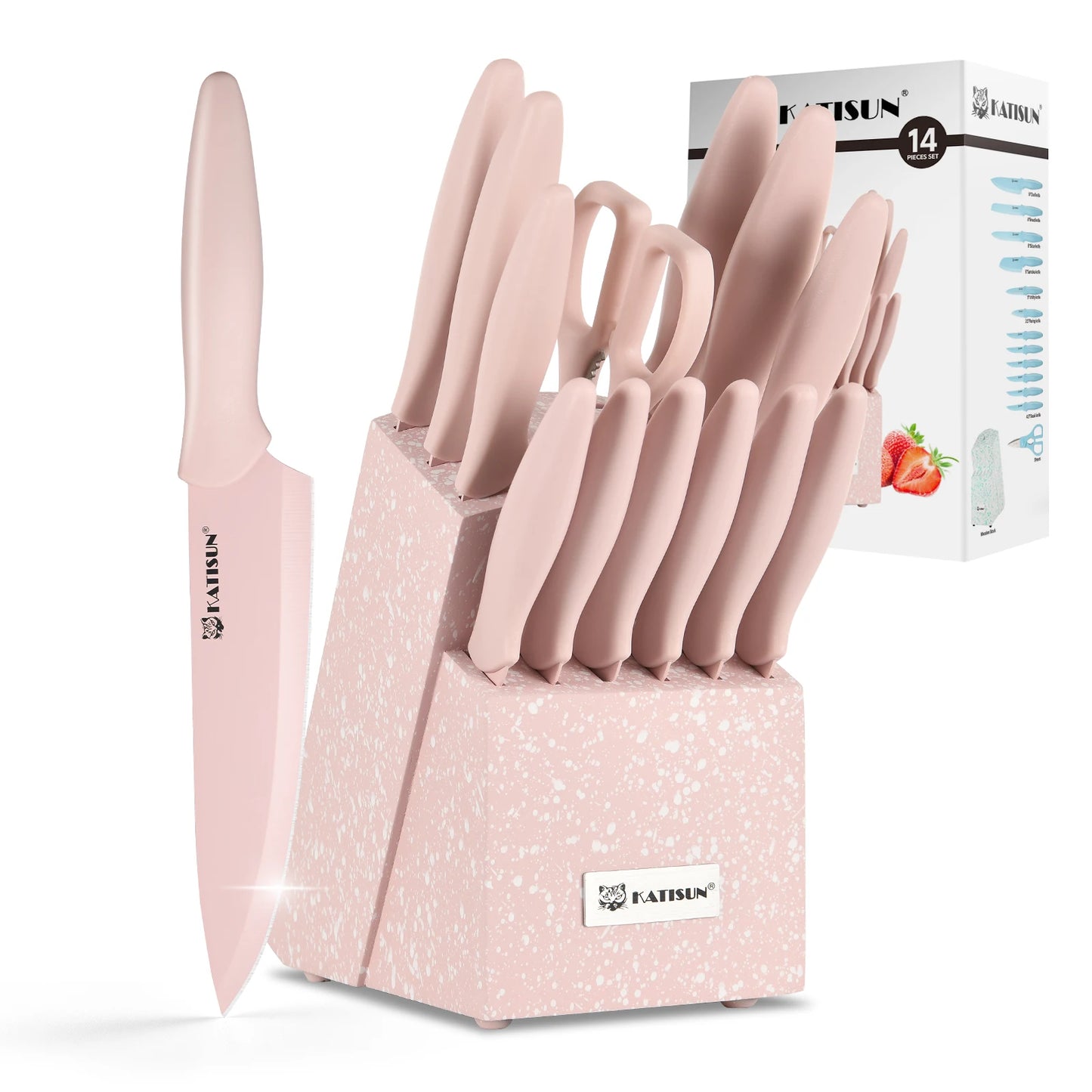 14-Piece Pink Kitchen Knife Set – High Carbon Stainless Steel Blades with Wooden Stand & Scissors