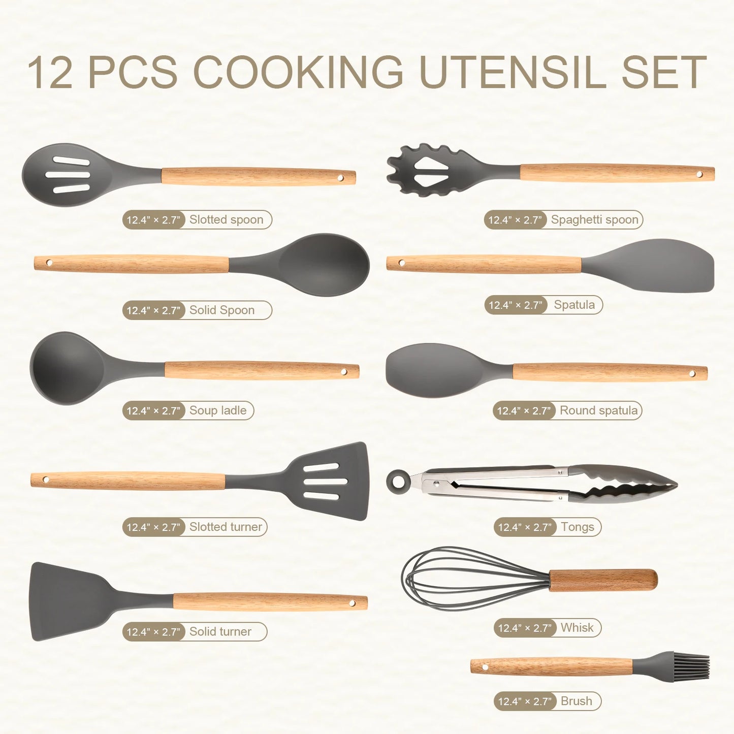 12-Piece Gray Silicone Kitchen Utensil Set – Heat-Resistant, Non-Stick Cooking Tools with Wooden Handles (Grey)
