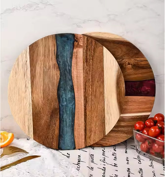 Round Acacia Wood Resin Serving Board – Cheese Platter & Charcuterie Tray